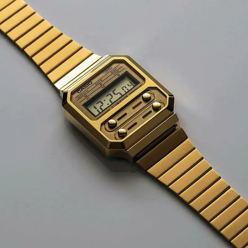 Casio Gold-tone Digital Grey Dial Watch- A100WEG-9A